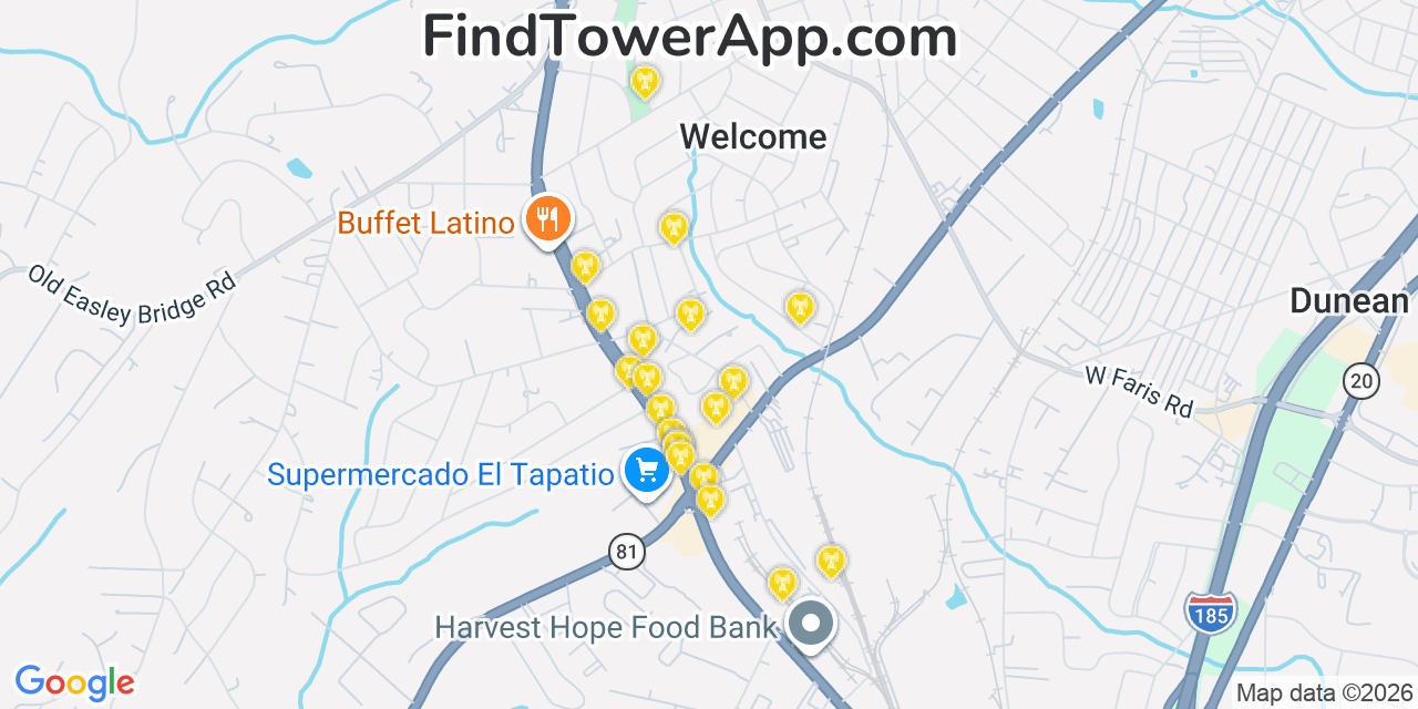 Map showing the 20 primary cell tower locations detected in Welcome, South Carolina from AT&T, Verizon, and T-Mobile networks