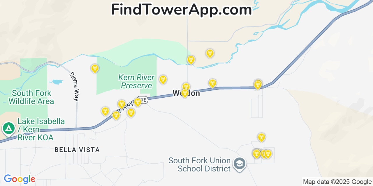 Map showing the 20 primary cell tower locations detected in Weldon, California from AT&T, Verizon, and T-Mobile networks