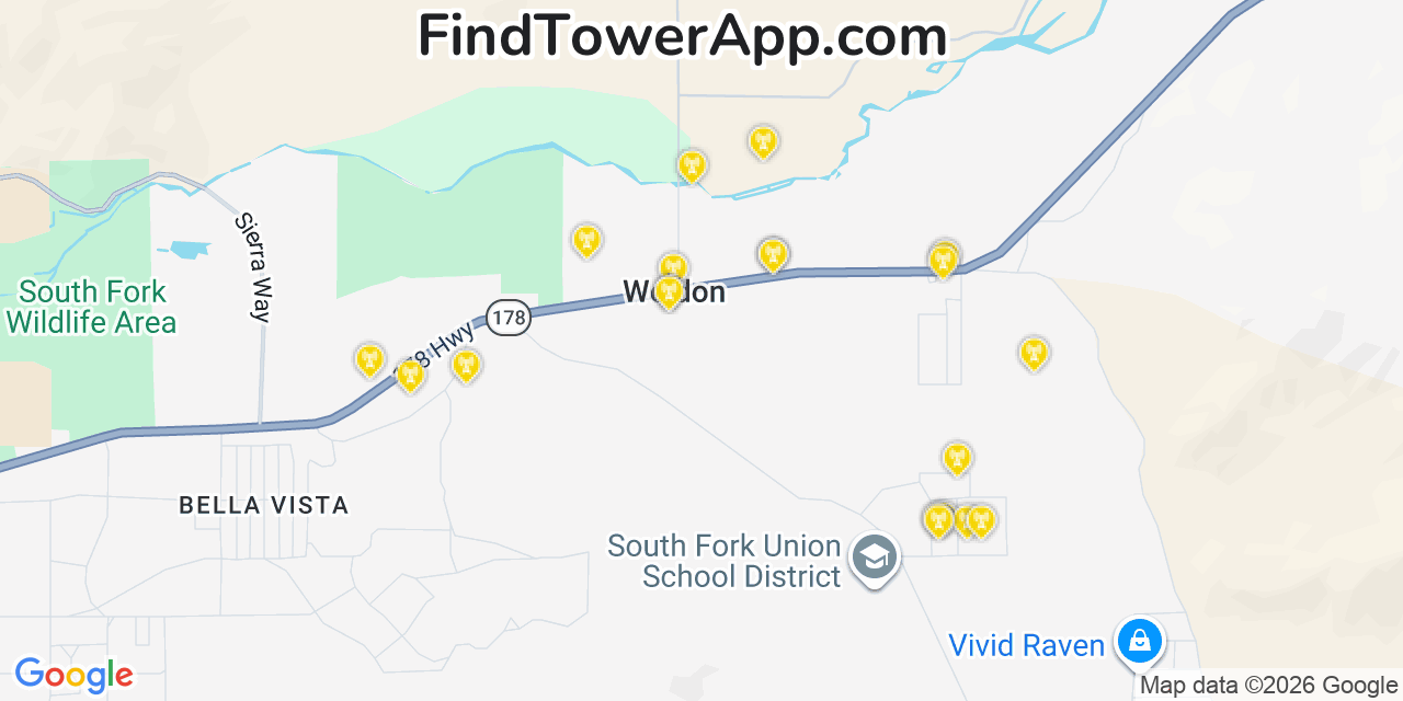 Map showing the 20 primary cell tower locations detected in Weldon, California from AT&T, Verizon, and T-Mobile networks