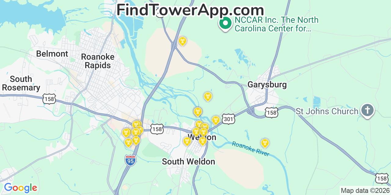 Map showing the 20 primary cell tower locations detected in Weldon, North Carolina from AT&T, Verizon, and T-Mobile networks