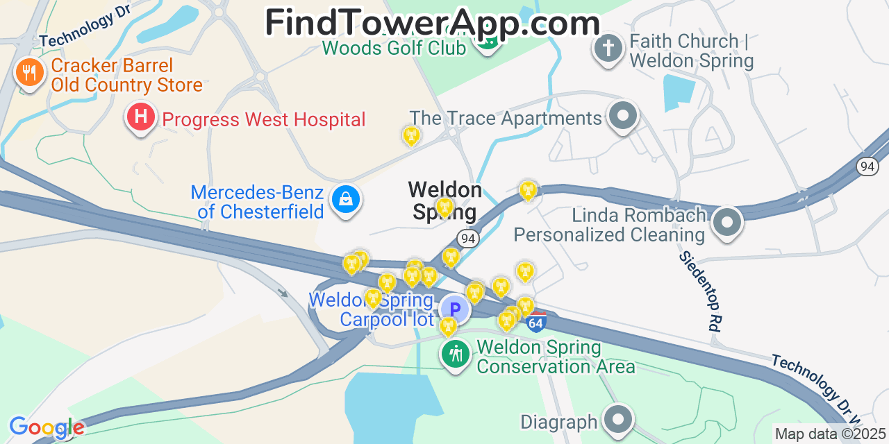 Map showing the 20 primary cell tower locations detected in Weldon Spring, Missouri from AT&T, Verizon, and T-Mobile networks