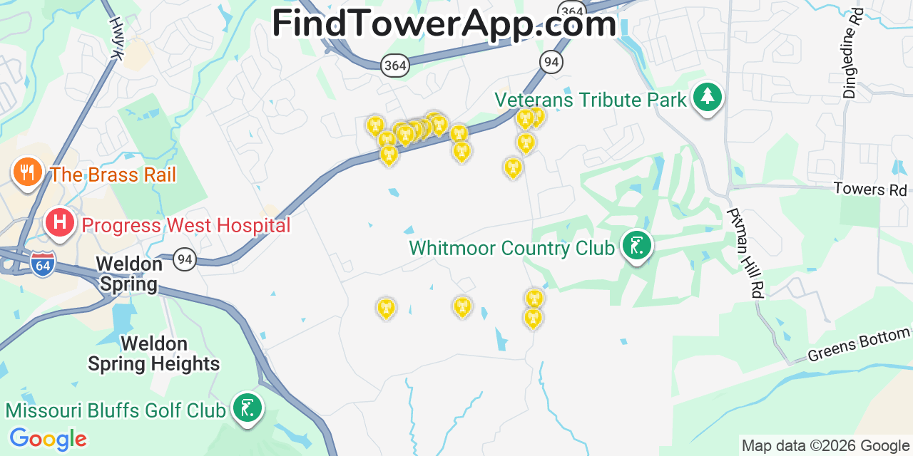 Map showing the 20 primary cell tower locations detected in Weldon Spring, Missouri from AT&T, Verizon, and T-Mobile networks