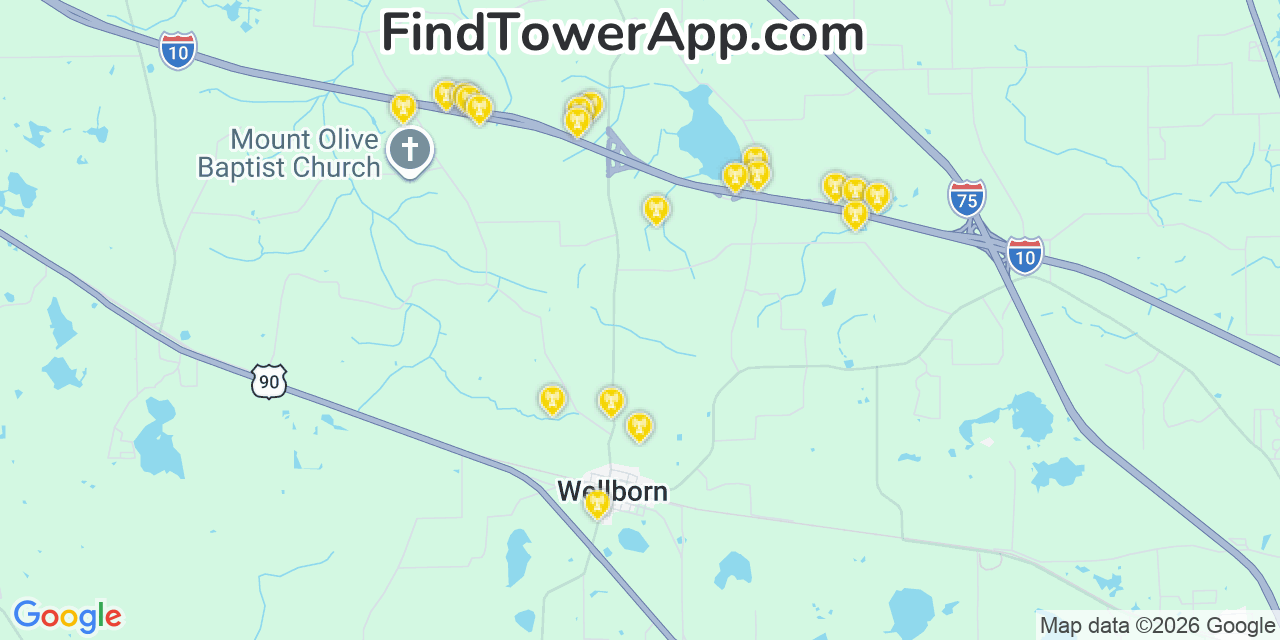 Map showing the 20 primary cell tower locations detected in Wellborn, Florida from AT&T, Verizon, and T-Mobile networks