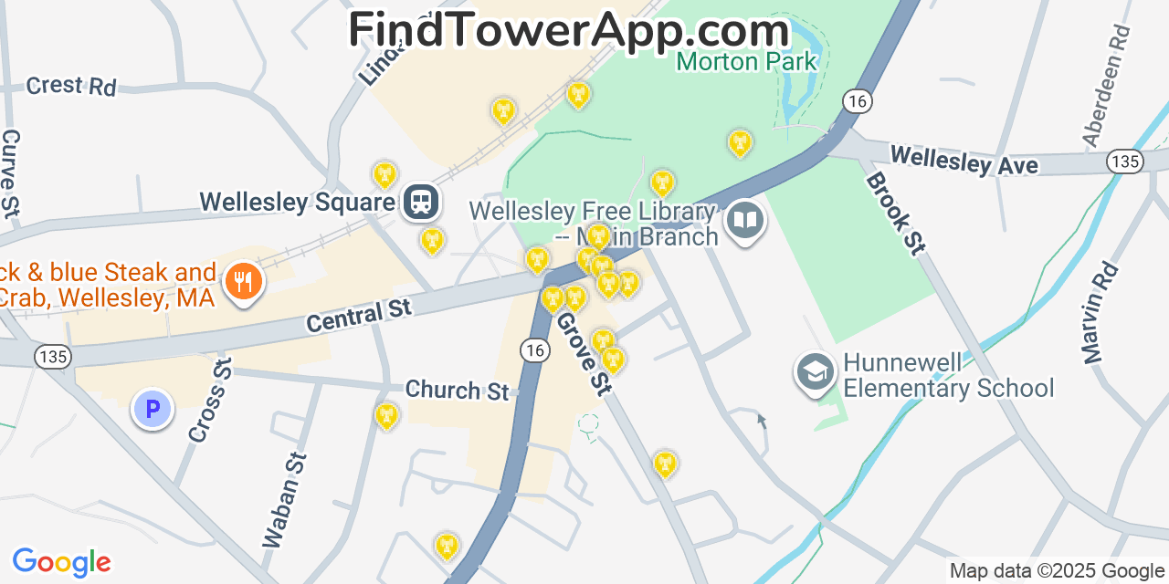 Map showing the 20 primary cell tower locations detected in Wellesley, Massachusetts from AT&T, Verizon, and T-Mobile networks