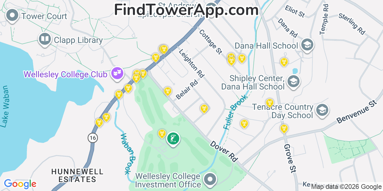 Map showing the 20 primary cell tower locations detected in Wellesley, Massachusetts from AT&T, Verizon, and T-Mobile networks