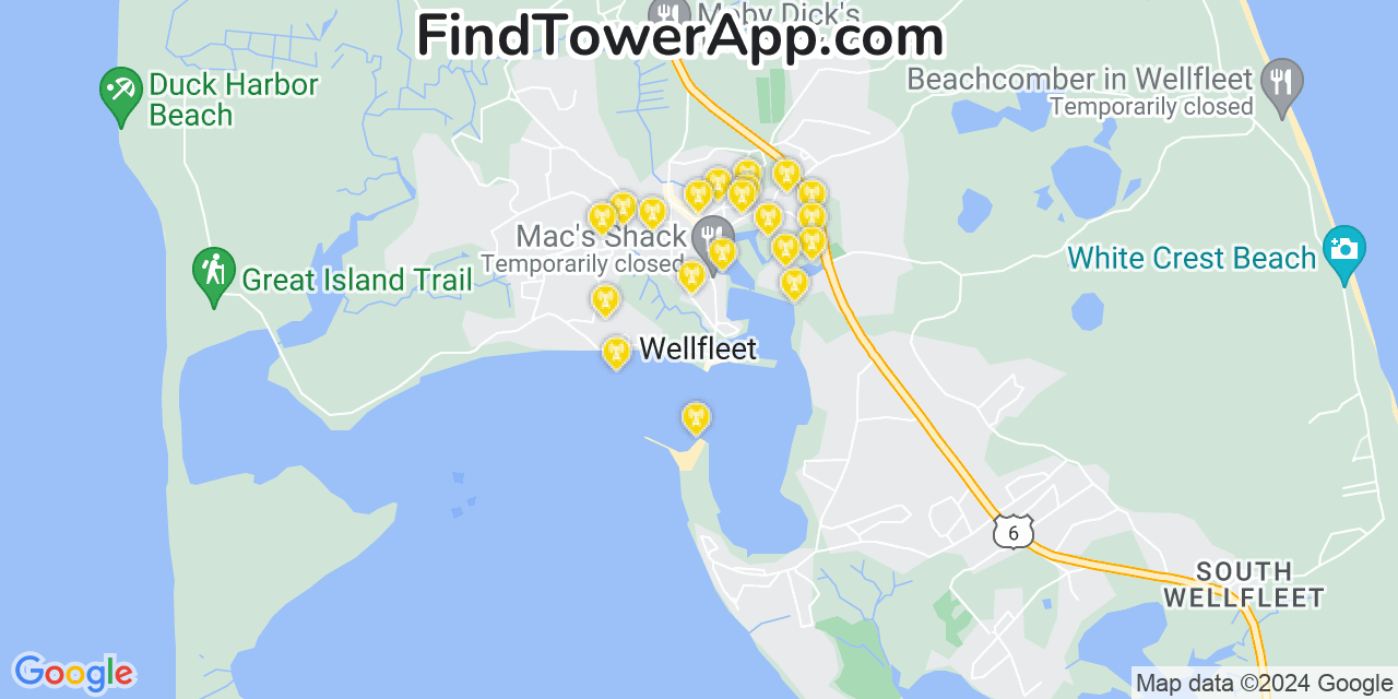 AT&T 4G/5G cell tower coverage map Wellfleet, Massachusetts