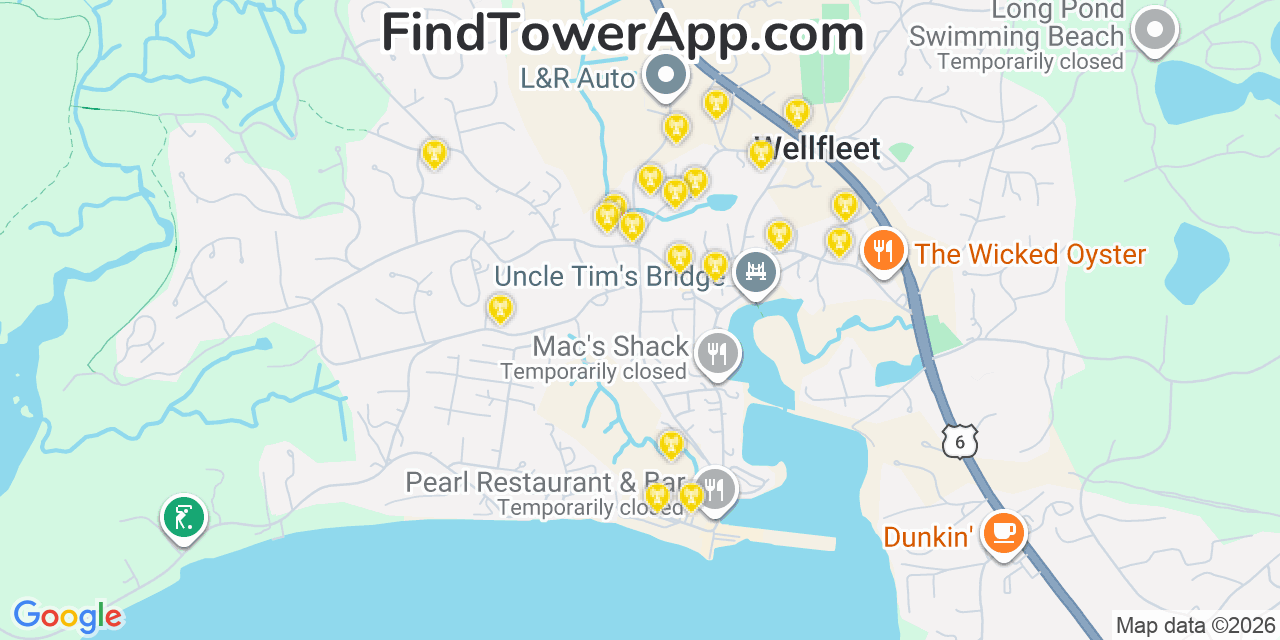 Map showing the 20 primary cell tower locations detected in Wellfleet, Massachusetts from AT&T, Verizon, and T-Mobile networks