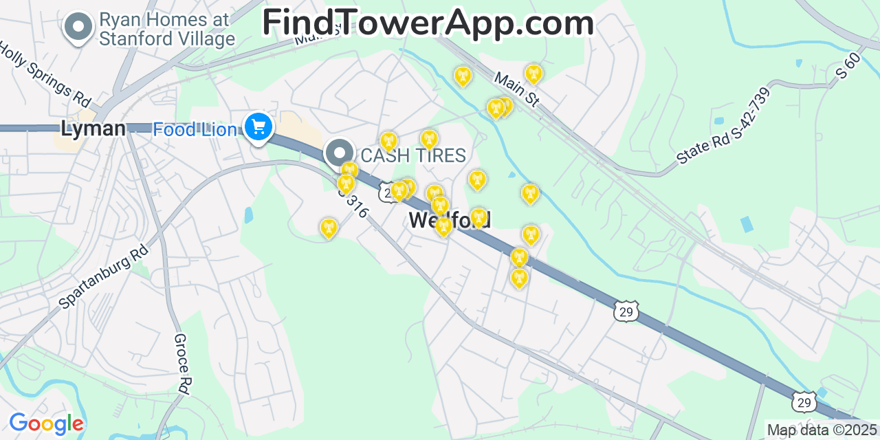 Map showing the 20 primary cell tower locations detected in Wellford, South Carolina from AT&T, Verizon, and T-Mobile networks