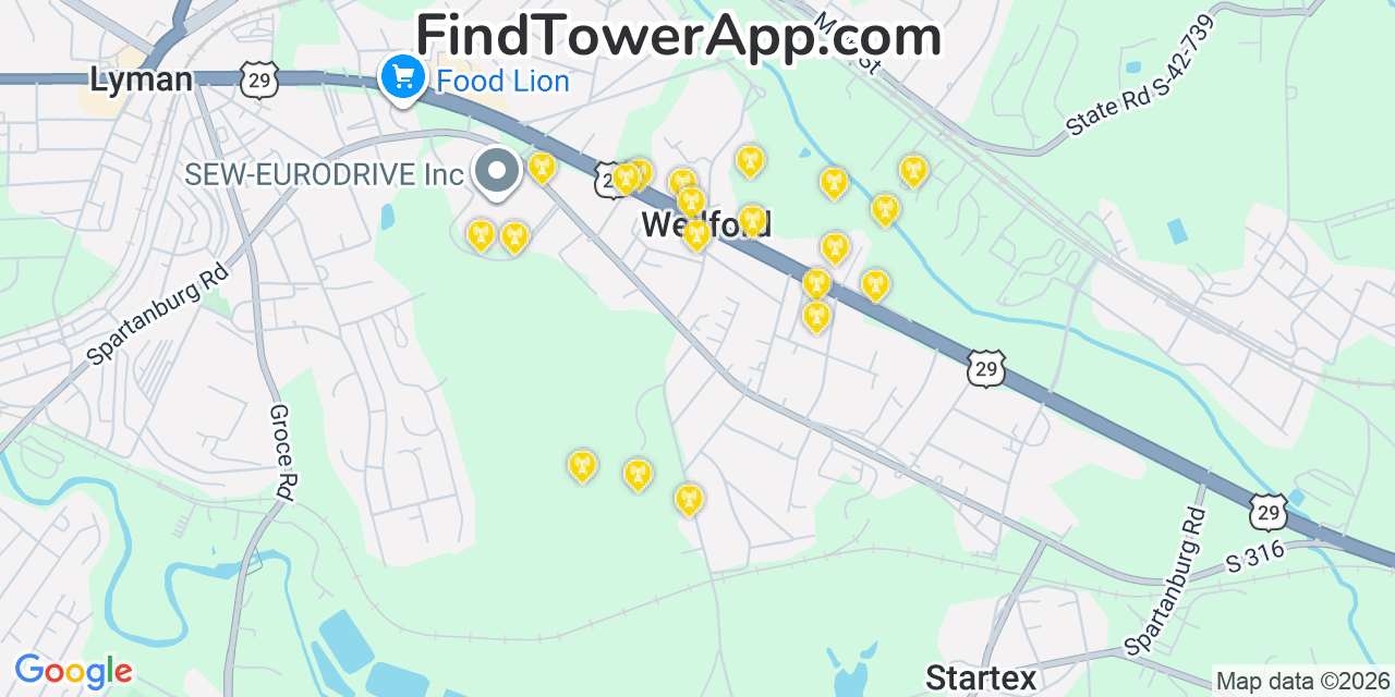 Map showing the 20 primary cell tower locations detected in Wellford, South Carolina from AT&T, Verizon, and T-Mobile networks