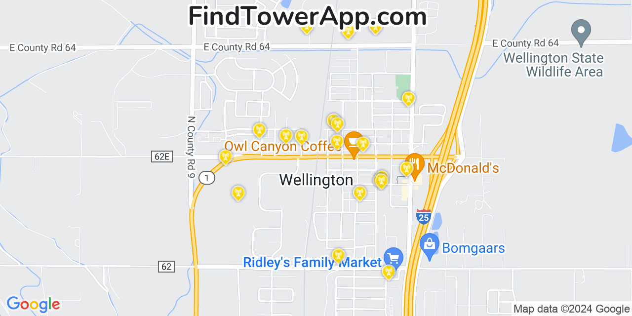 AT&T 4G/5G cell tower coverage map Wellington, Colorado