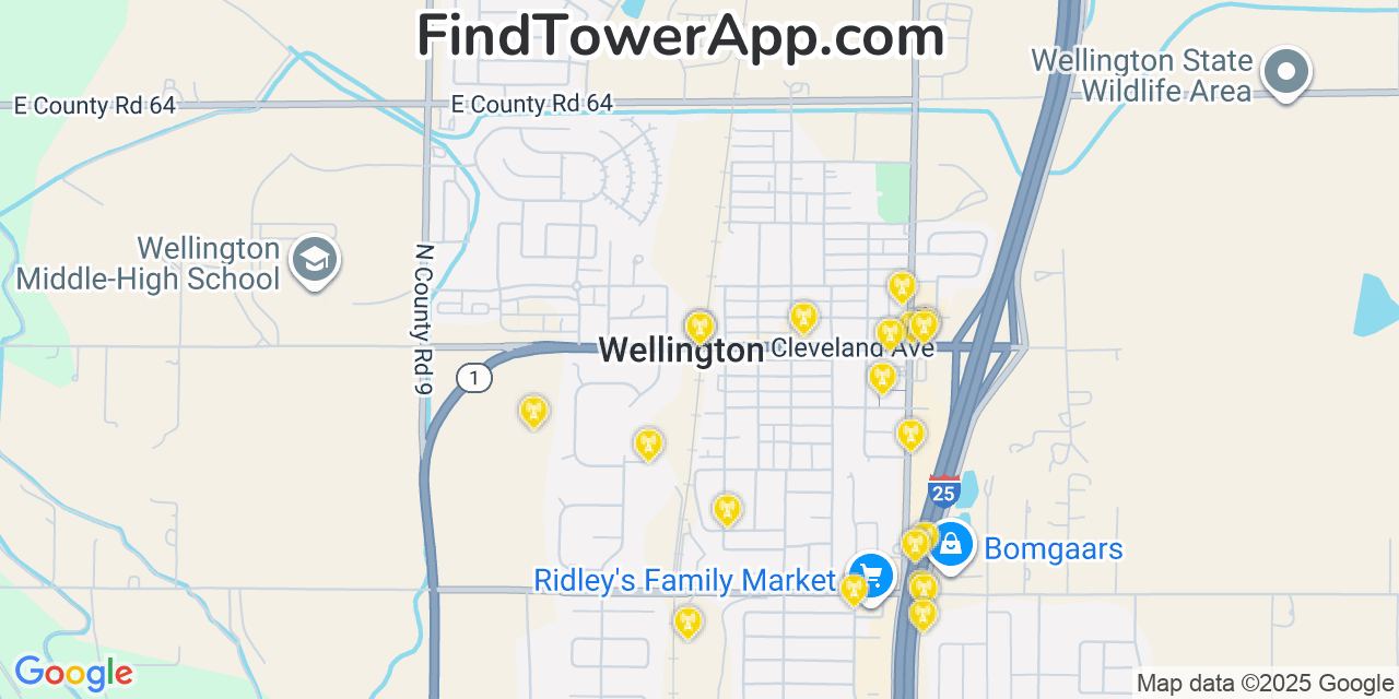 Map showing the 20 primary cell tower locations detected in Wellington, Colorado from AT&T, Verizon, and T-Mobile networks