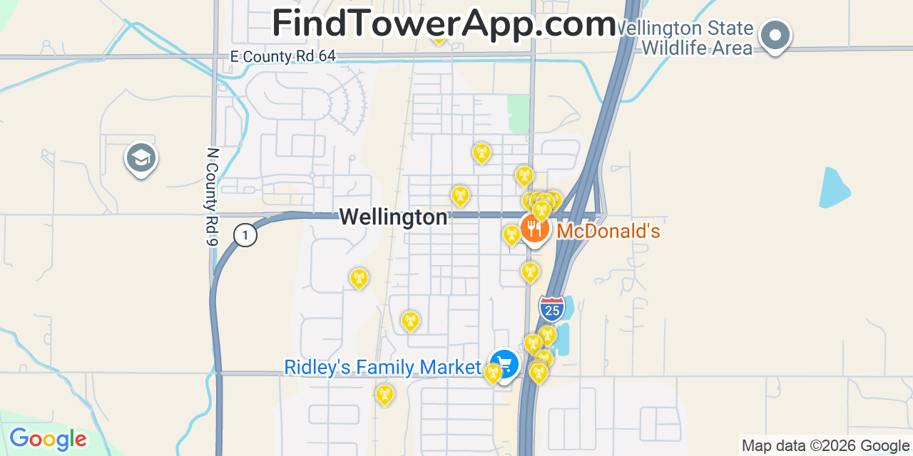 Map showing the 20 primary cell tower locations detected in Wellington, Colorado from AT&T, Verizon, and T-Mobile networks