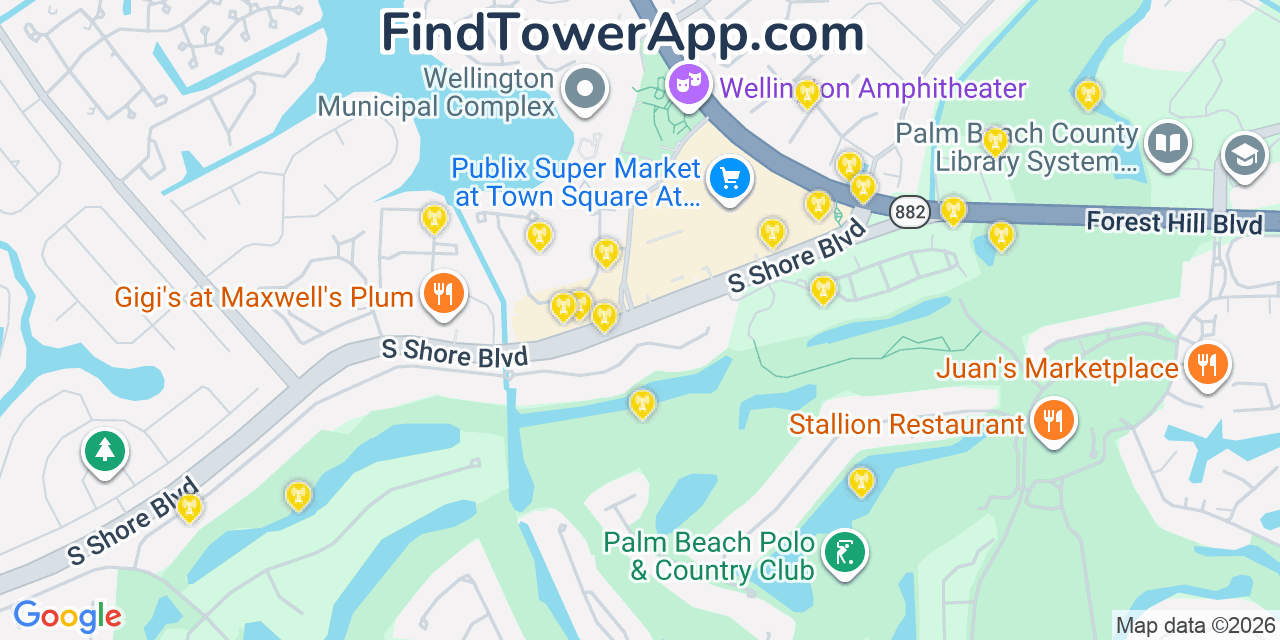 Map showing the 20 primary cell tower locations detected in Wellington, Florida from AT&T, Verizon, and T-Mobile networks