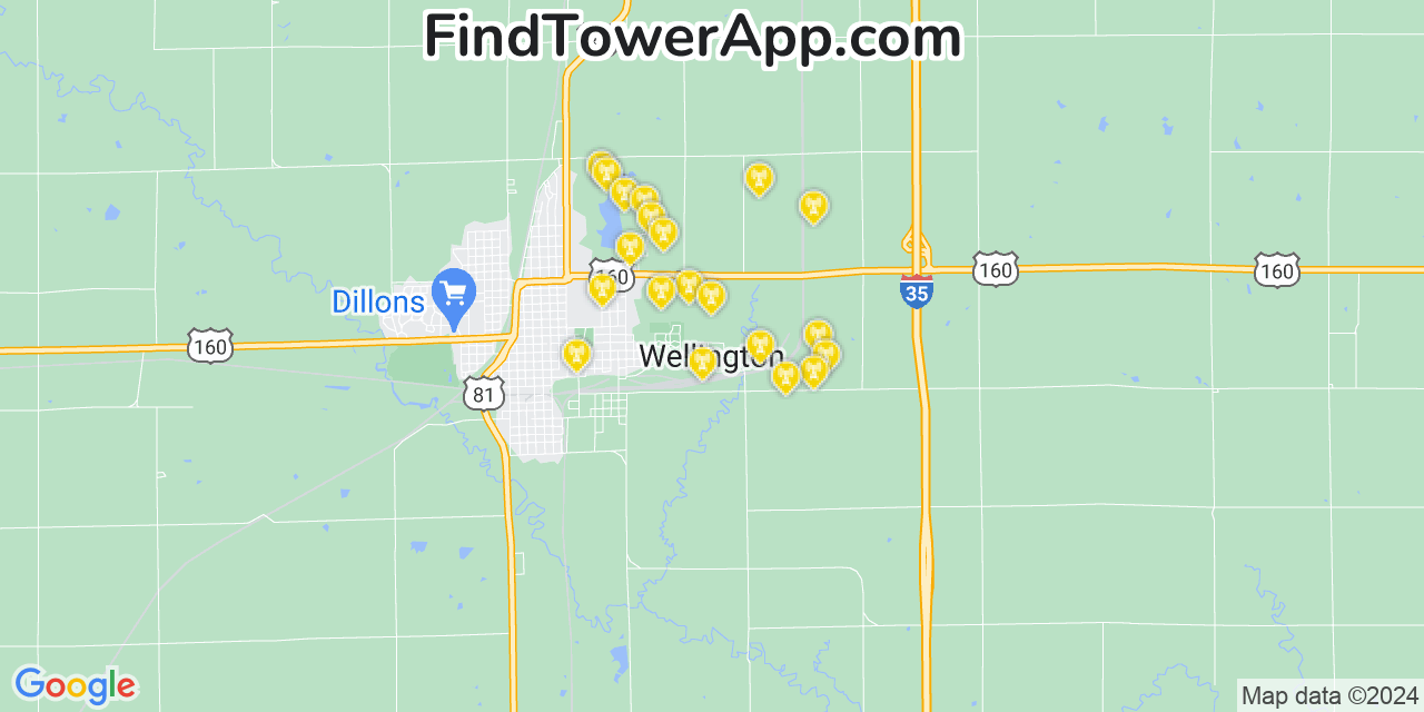 AT&T 4G/5G cell tower coverage map Wellington, Kansas