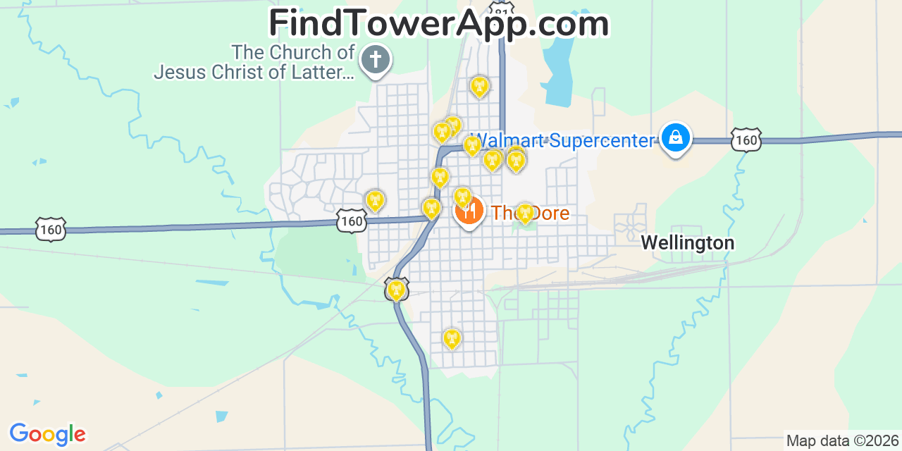 Map showing the 20 primary cell tower locations detected in Wellington, Kansas from AT&T, Verizon, and T-Mobile networks