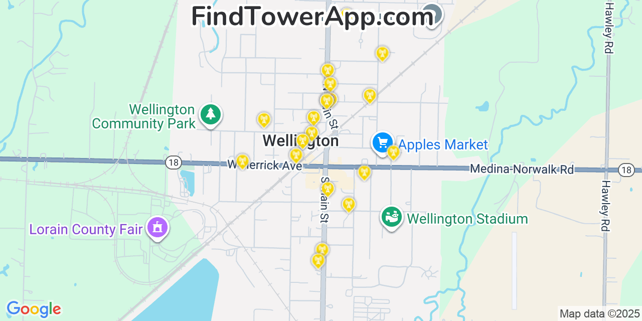 Map showing the 20 primary cell tower locations detected in Wellington, Ohio from AT&T, Verizon, and T-Mobile networks
