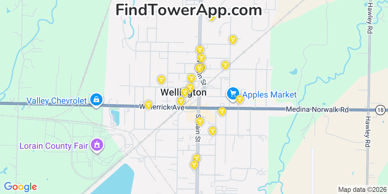 Map showing the 20 primary cell tower locations detected in Wellington, Ohio from AT&T, Verizon, and T-Mobile networks