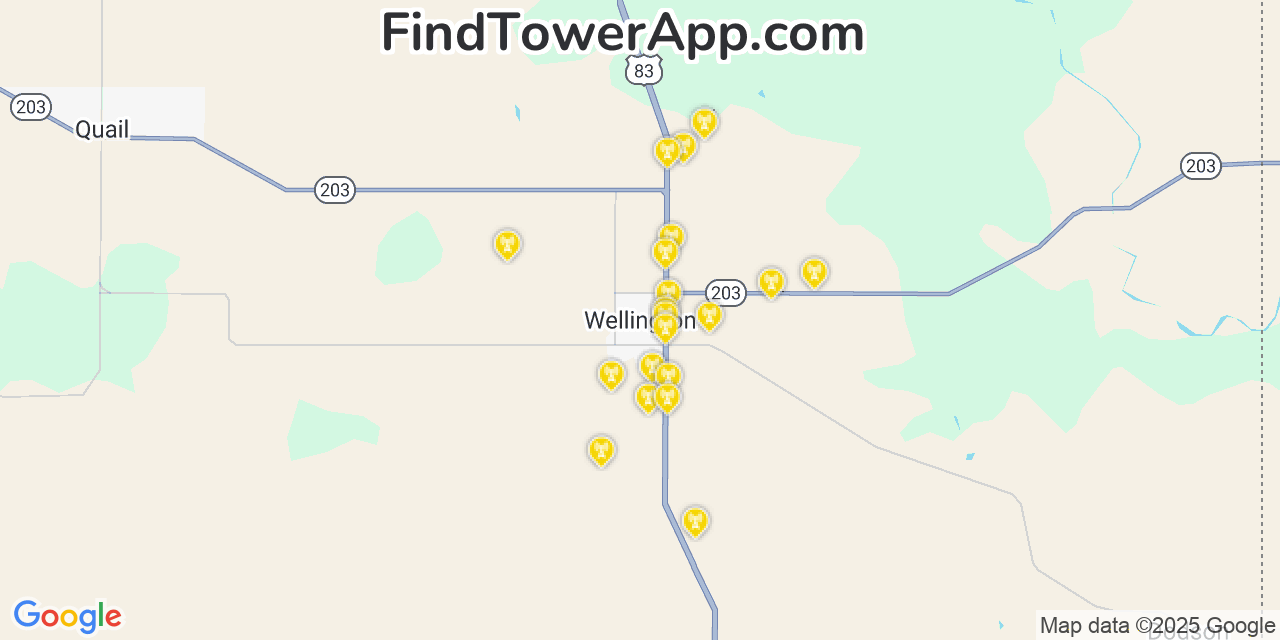 Map showing the 20 primary cell tower locations detected in Wellington, Texas from AT&T, Verizon, and T-Mobile networks