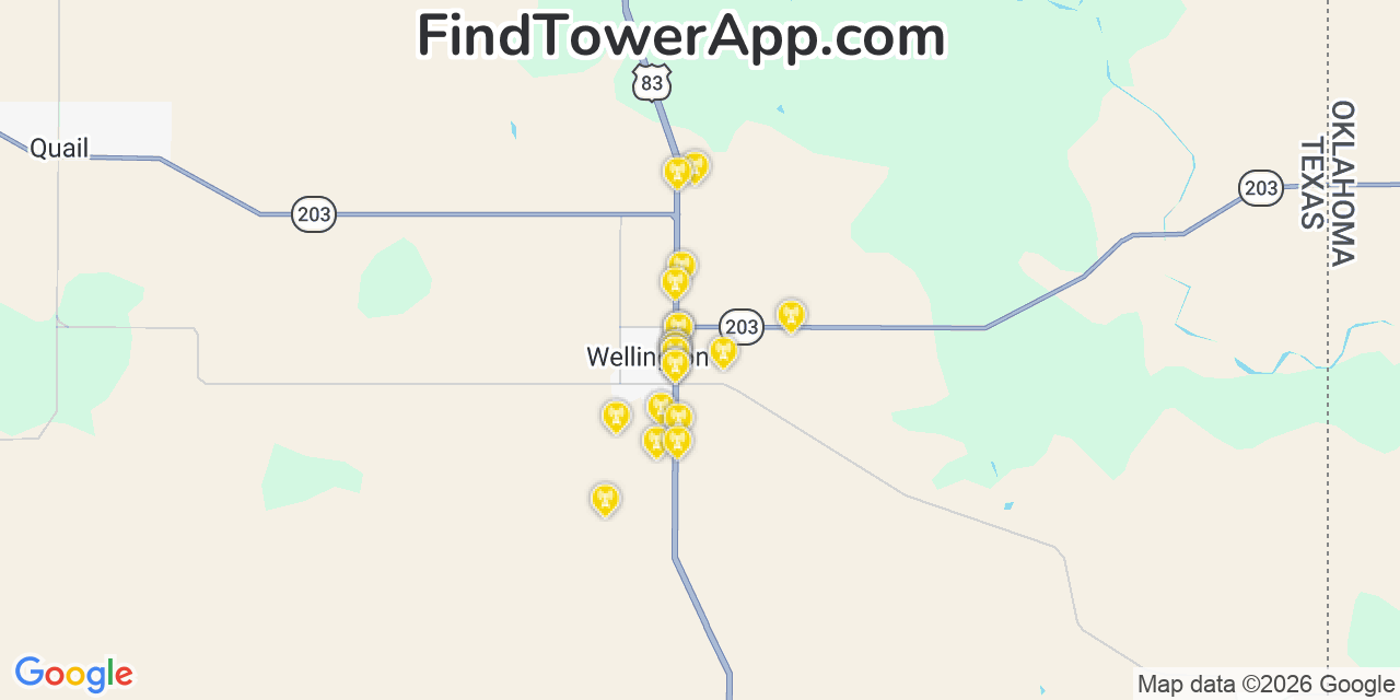 Map showing the 20 primary cell tower locations detected in Wellington, Texas from AT&T, Verizon, and T-Mobile networks