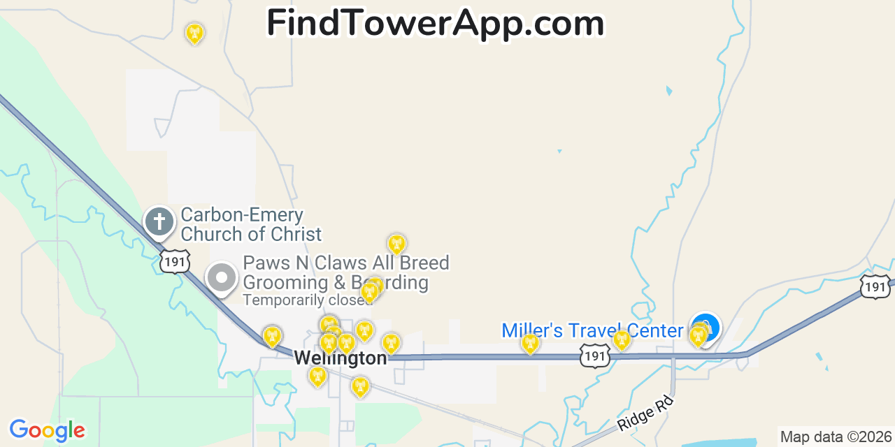 Map showing the 20 primary cell tower locations detected in Wellington, Utah from AT&T, Verizon, and T-Mobile networks