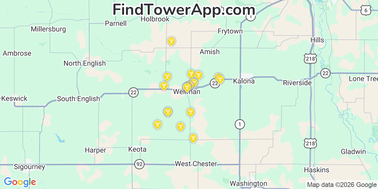 Map showing the 20 primary cell tower locations detected in Wellman, Iowa from AT&T, Verizon, and T-Mobile networks