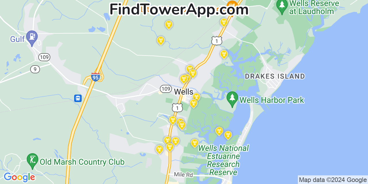 AT&T 4G/5G cell tower coverage map Wells Beach Station, Maine