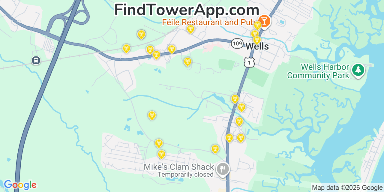 Map showing the 20 primary cell tower locations detected in Wells Beach Station, Maine from AT&T, Verizon, and T-Mobile networks