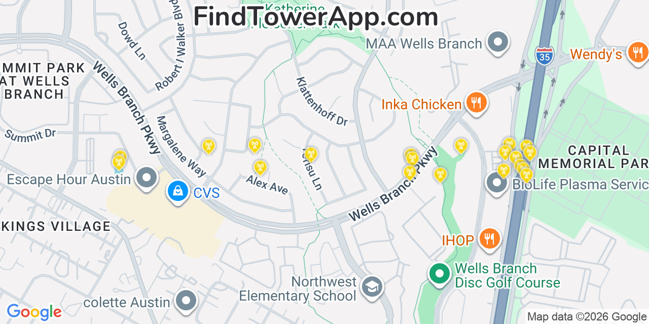 Map showing the 20 primary cell tower locations detected in Wells Branch, Texas from AT&T, Verizon, and T-Mobile networks