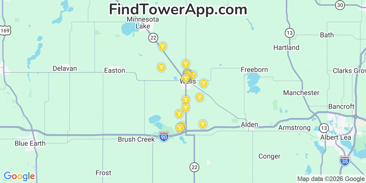Map showing the 20 primary cell tower locations detected in Wells, Minnesota from AT&T, Verizon, and T-Mobile networks