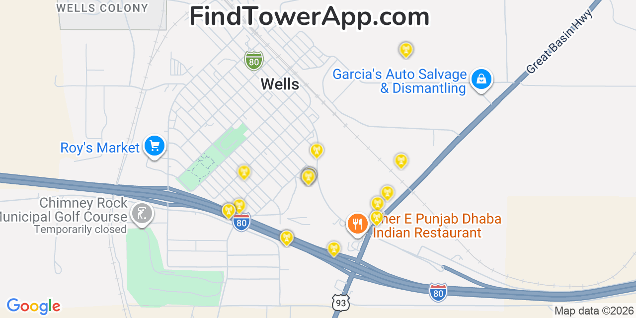 Map showing the 20 primary cell tower locations detected in Wells, Nevada from AT&T, Verizon, and T-Mobile networks