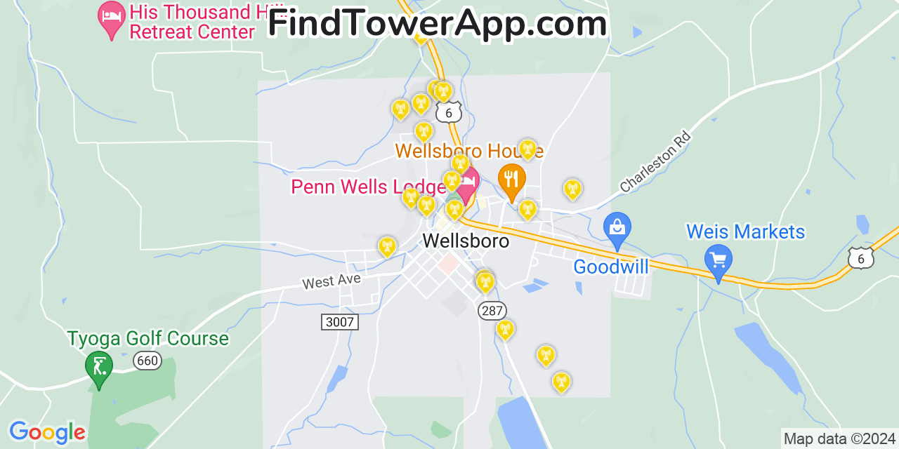 AT&T 4G/5G cell tower coverage map Wellsboro, Pennsylvania