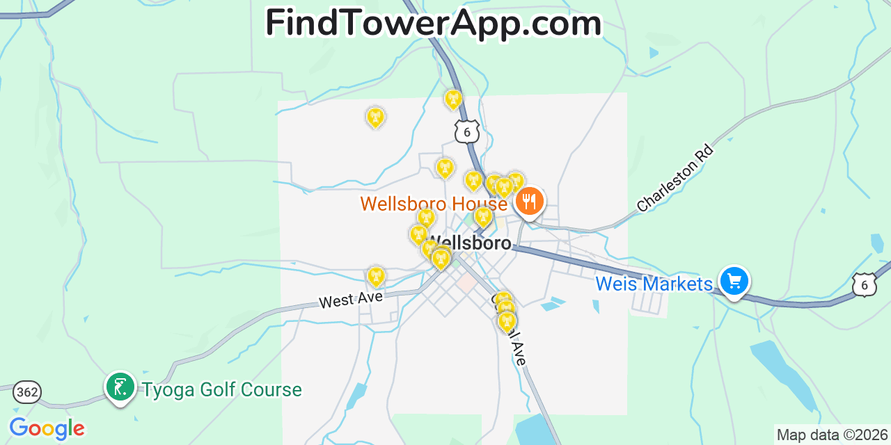 Map showing the 20 primary cell tower locations detected in Wellsboro, Pennsylvania from AT&T, Verizon, and T-Mobile networks