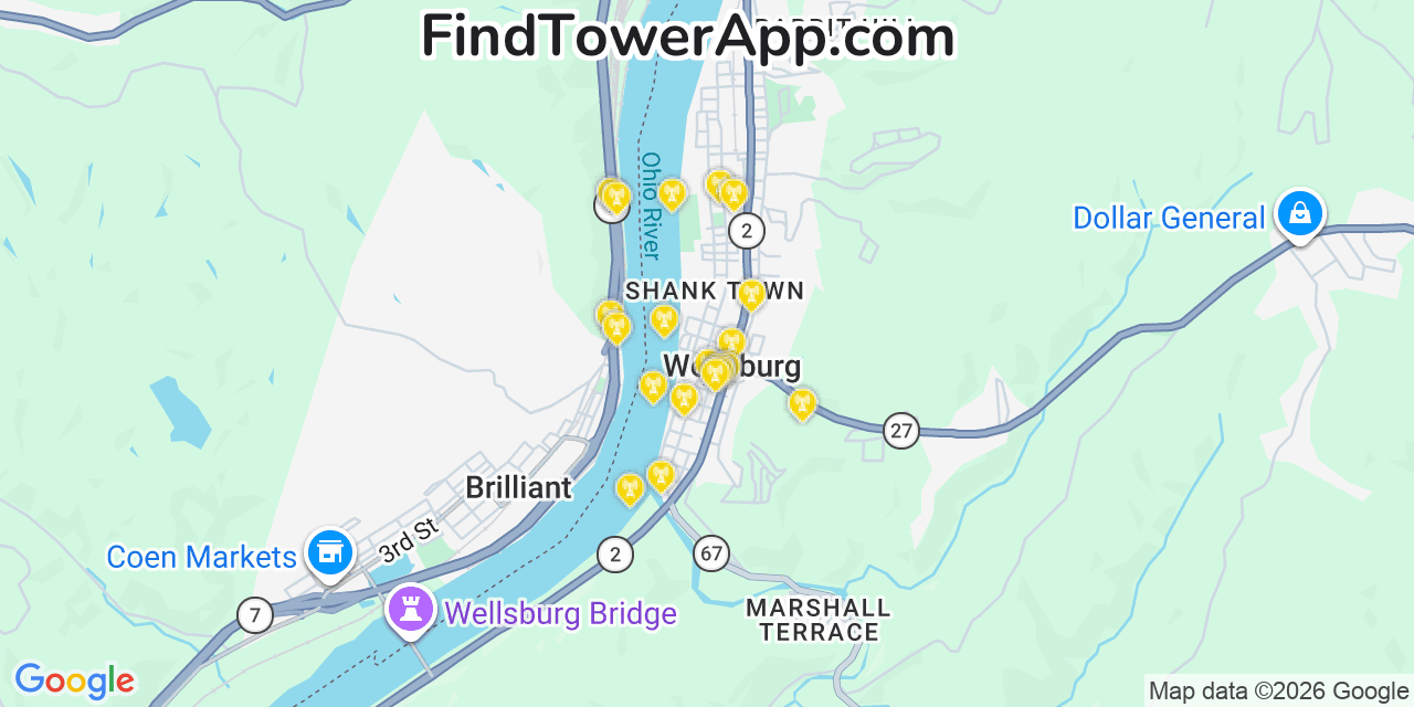 Map showing the 20 primary cell tower locations detected in Wellsburg, West Virginia from AT&T, Verizon, and T-Mobile networks
