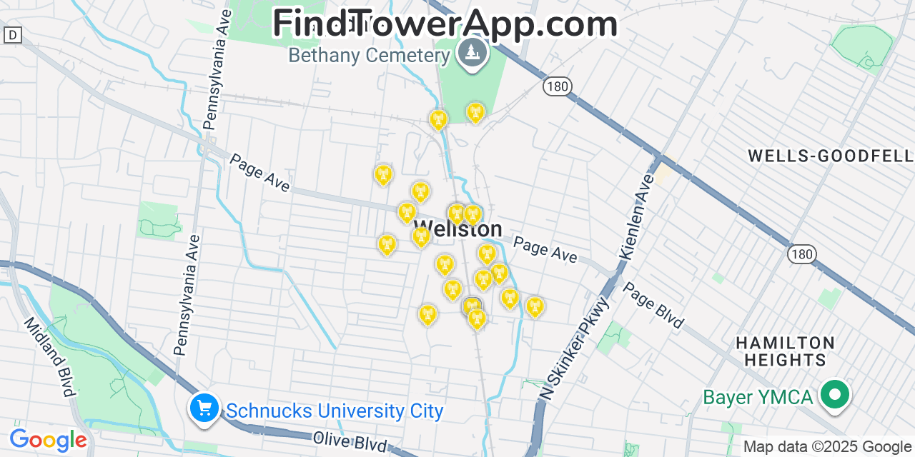 Map showing the 20 primary cell tower locations detected in Wellston, Missouri from AT&T, Verizon, and T-Mobile networks
