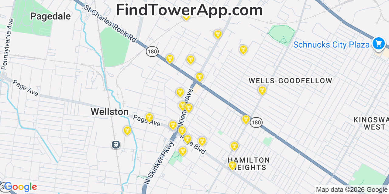 Map showing the 20 primary cell tower locations detected in Wellston, Missouri from AT&T, Verizon, and T-Mobile networks