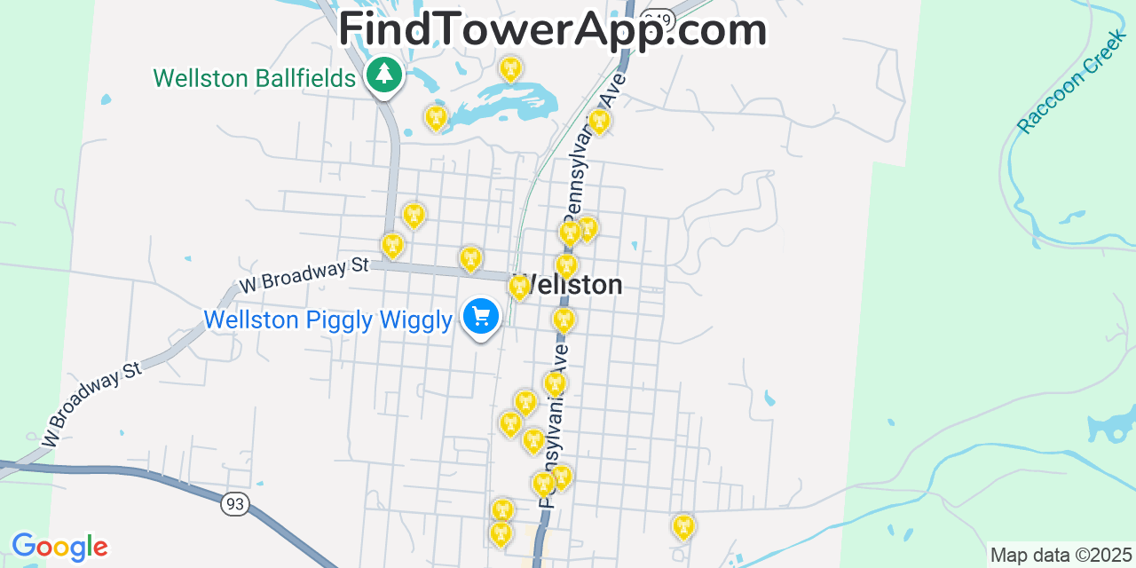 Map showing the 20 primary cell tower locations detected in Wellston, Ohio from AT&T, Verizon, and T-Mobile networks