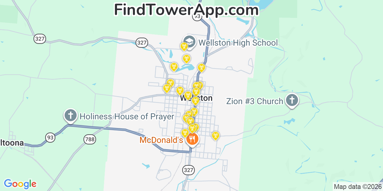 Map showing the 20 primary cell tower locations detected in Wellston, Ohio from AT&T, Verizon, and T-Mobile networks