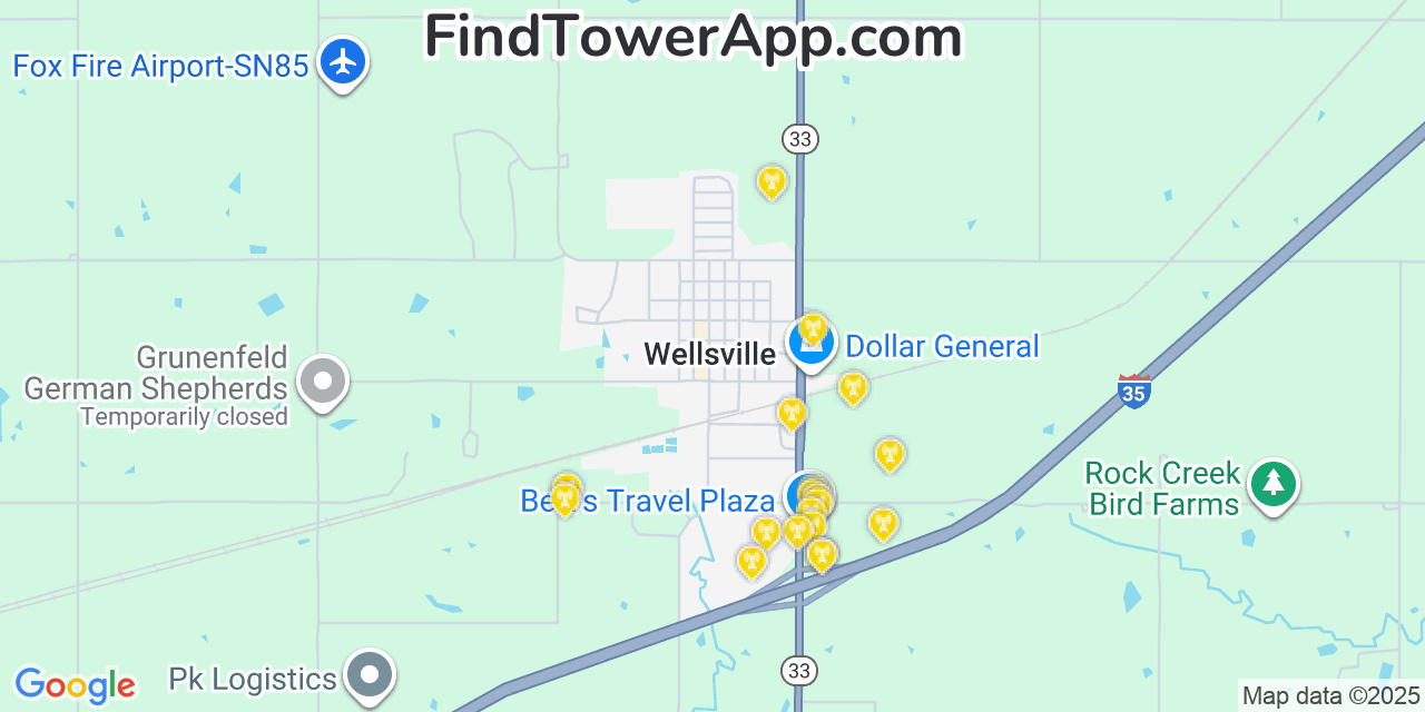 Map showing the 20 primary cell tower locations detected in Wellsville, Kansas from AT&T, Verizon, and T-Mobile networks
