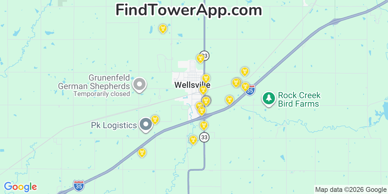 Map showing the 20 primary cell tower locations detected in Wellsville, Kansas from AT&T, Verizon, and T-Mobile networks
