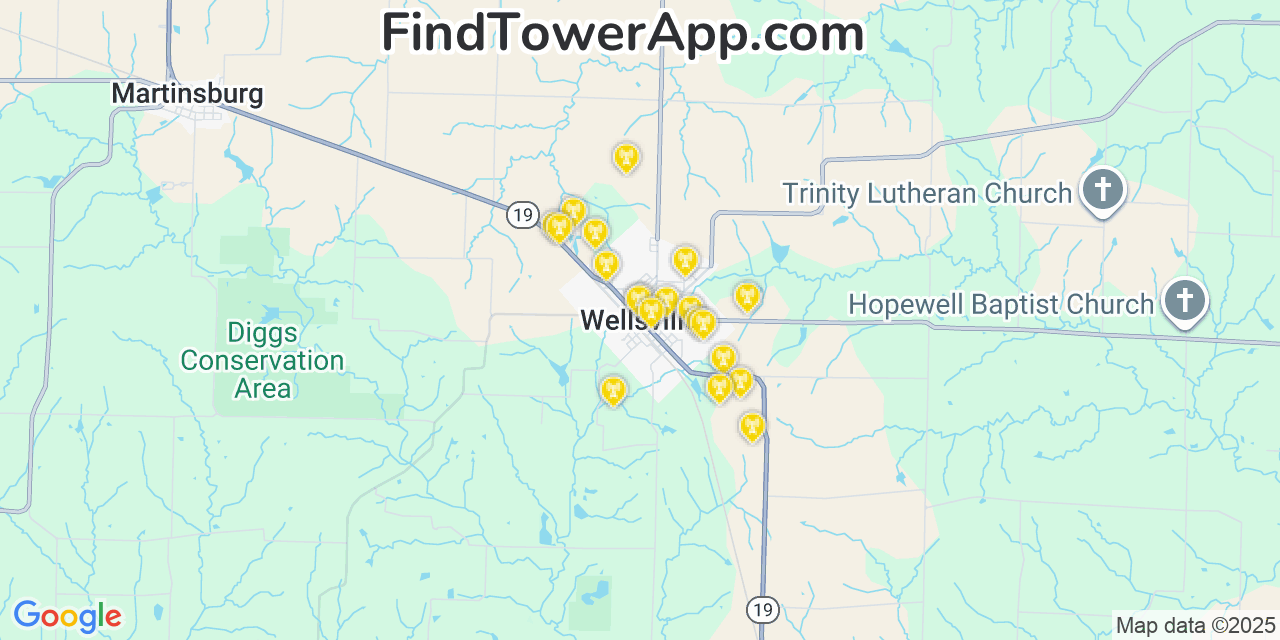 Map showing the 20 primary cell tower locations detected in Wellsville, Missouri from AT&T, Verizon, and T-Mobile networks