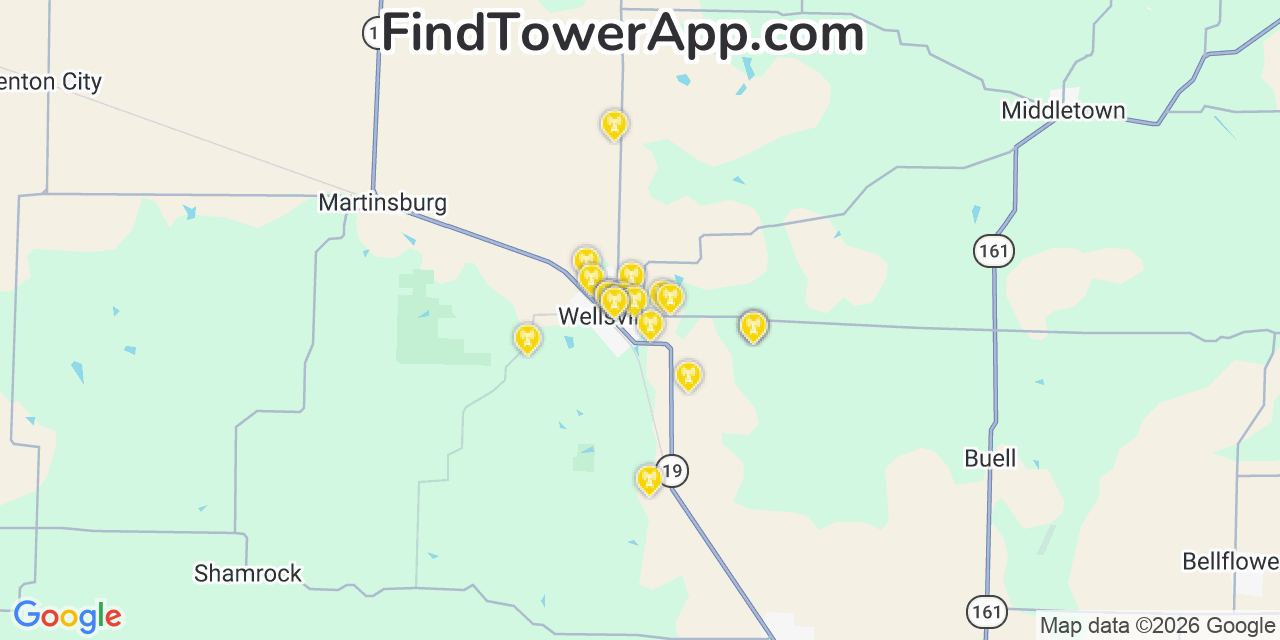 Map showing the 20 primary cell tower locations detected in Wellsville, Missouri from AT&T, Verizon, and T-Mobile networks