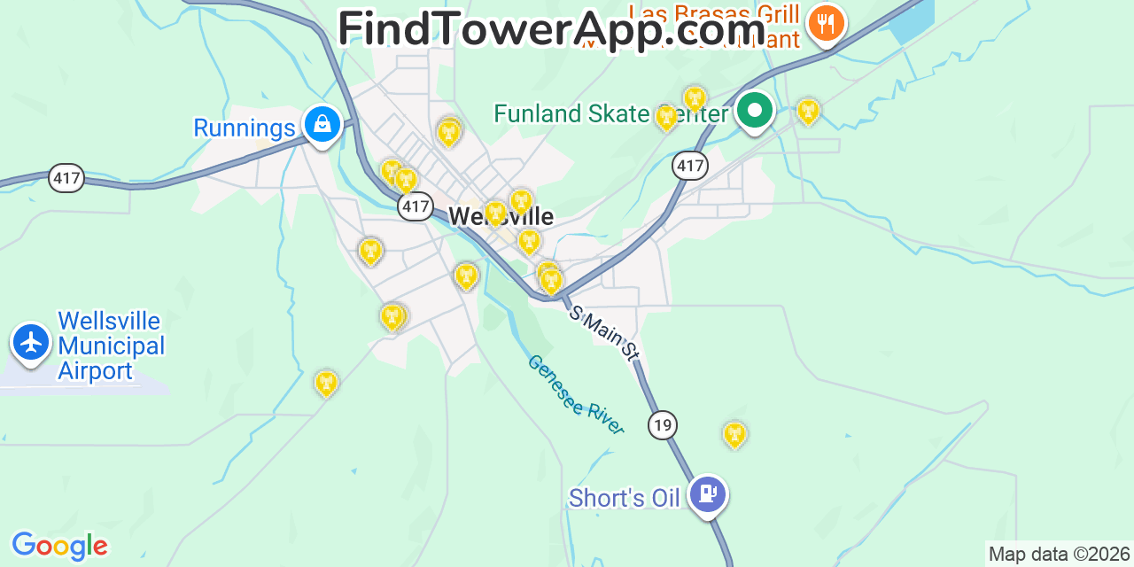 Map showing the 20 primary cell tower locations detected in Wellsville, New York from AT&T, Verizon, and T-Mobile networks