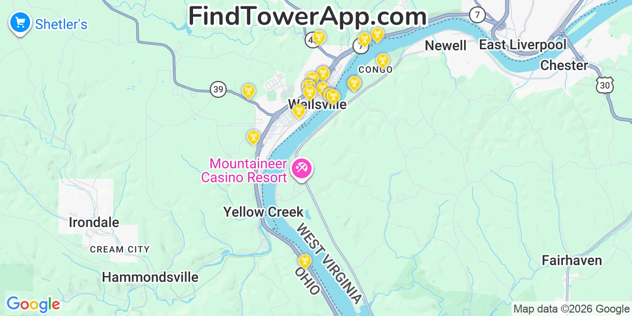 Map showing the 20 primary cell tower locations detected in Wellsville, Ohio from AT&T, Verizon, and T-Mobile networks