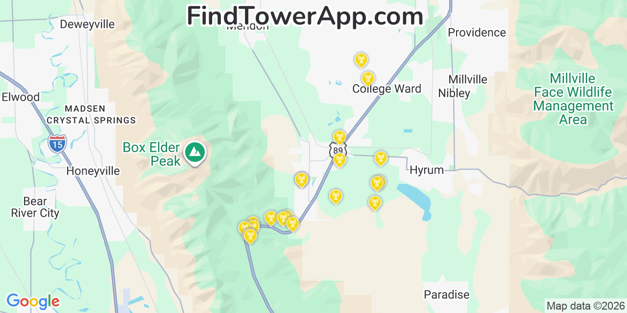 Map showing the 20 primary cell tower locations detected in Wellsville, Utah from AT&T, Verizon, and T-Mobile networks