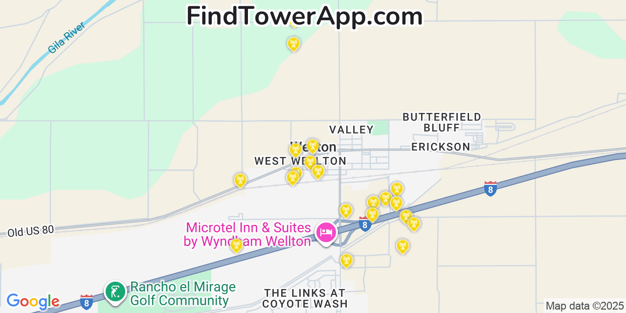 Map showing the 20 primary cell tower locations detected in Wellton, Arizona from AT&T, Verizon, and T-Mobile networks
