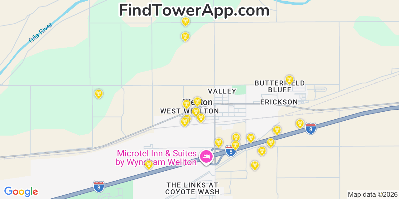 Map showing the 20 primary cell tower locations detected in Wellton, Arizona from AT&T, Verizon, and T-Mobile networks