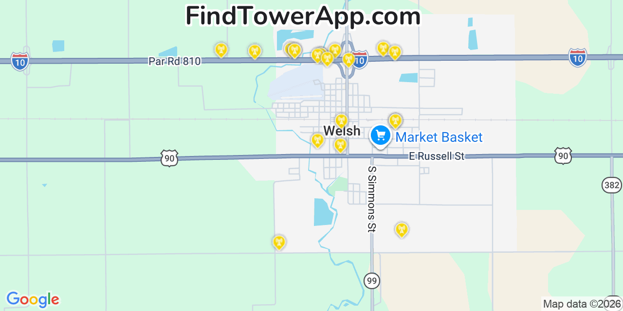 Map showing the 20 primary cell tower locations detected in Welsh, Louisiana from AT&T, Verizon, and T-Mobile networks