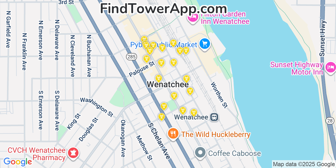 Map showing the 20 primary cell tower locations detected in Wenatchee, Washington from AT&T, Verizon, and T-Mobile networks