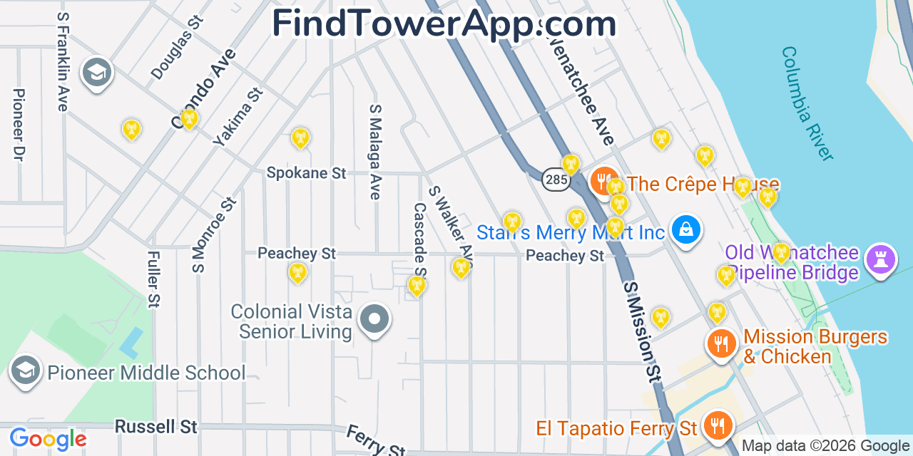 Map showing the 20 primary cell tower locations detected in Wenatchee, Washington from AT&T, Verizon, and T-Mobile networks