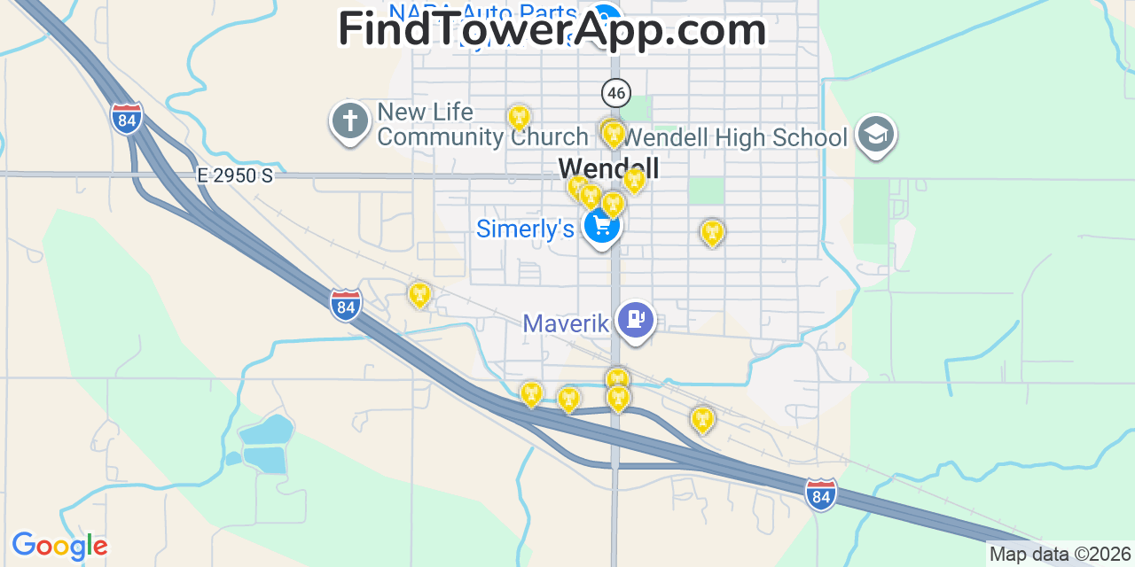 Map showing the 20 primary cell tower locations detected in Wendell, Idaho from AT&T, Verizon, and T-Mobile networks